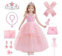 TOSZOLY Costume Glinda per Bambina 3-8 Anni - Vestito Principessa Rosa con Corona e Bacchetta Magica - Completo per Carnevale, Halloween, Cosplay, Natale o Festa di Compleanno (120)