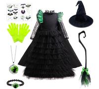 TOSZOLY Costume Strega Bambina, Vestito Strega Halloween per Bambina, Halloween Costume con Cappello, Scopa, Braccialetto, Adesivo Luminoso, Vestito Verde e Nero per Feste, Compleanni,130