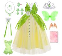 TOSZOLY Costume Tinkerbell Bambina, Vestito Principessa con Ali, Corona, Bacchetta Magica e Accessori, Costume Tinkerbell Principesse 3-8 Anni per Compleanni, Cosplay, Carnevale e Halloween