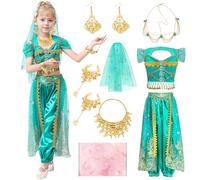 TOSZOLY Costume Vestito Jasmine Bambina, Costumi Principessa Bambine con Accessori, Princess Jasmine Costume Bambina per Halloween Carnevale Compleanno Cosplay Festa
