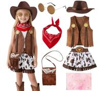 TOSZOLY Cowgirl Costume Bambina, Western Vestito Cowgirl Bambina con Gilet, Cappello, Bandana Rossa, Costume da Cowgirl per Halloween Carnevale Cosplay Festa, 5-10 Anni