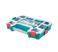 Total - Scatola Organizer in Plastica Impilabile - Con Manico e Coperchio Trasparente - Divisioni Combinabili - Angoli Arrotondati - 370mm x 290mm x 65mm - Blu