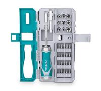 TOTAL - Set 33 Pezzi Giravite Portainserti a Cricchetto | Impugnatura Ergonomica Bicomponente | Acciaio al Cromo-Vanadio | Inserti Magnetici | Adattatori e Bussole | Amig Compatibile, Lega di Acciaio