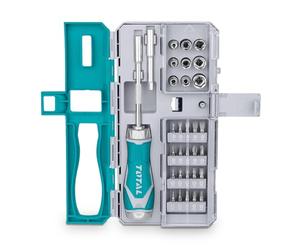 TOTAL - Set 33 Pezzi Giravite Portainserti a Cricchetto | Impugnatura Ergonomica Bicomponente | Acciaio al Cromo-Vanadio | Inserti Magnetici | Adattatori e Bussole | Amig Compatibile, Lega di Acciaio