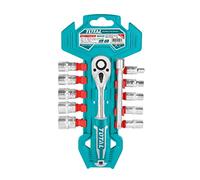 TOTAL Tools - Set di bicchieri cromati e carrelli | 10 chiavi a bussola + 45 denti | con inserto da 1/4 | Include adattatore prolunga da 100 mm | cromo vanadio