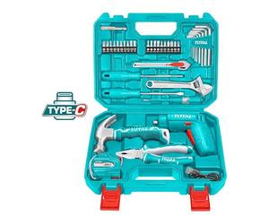TOTAL - Valigetta Multitools 38 Pezzi | 1 Cacciavite a Batteria 4V | 16 Punte | 8 Chiavi Esagonali | 2 Cacciaviti | Pinza Universale | Matita Tester | Mini Martello | Flessometro | Cutter