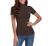 Totatuit Dolcevita Donna Maglietta Manica Corta a Costine con Collo Alto Lupetto Leggero Maglia Cotone Aderente Top Elegante Basic T-Shirt Sottogiacca Elasticizzato Autunno Intimo Marrone M