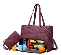Tote and Luxe Co Bag, 3-in-1 Quilted Tote Bag, with Lunch Compartment and Purse Storage Multiple Compartments (Khaki Wine red)
