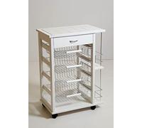 Totò Piccinni Carrellino in Legno da Cucina con Rotelle Mattonelle e Cestelli in Acciaio (con Cassetto e Bottigliera, Bianco)
