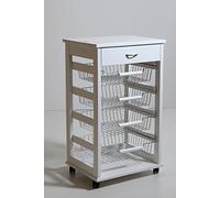 Totò Piccinni Carrellino in Legno da Cucina con Rotelle Mattonelle e Cestelli in Acciaio (con Cassetto, Bianco)