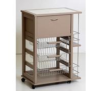 Totò Piccinni Carrellino in Legno da Cucina con Rotelle Mattonelle e Cestelli in Acciaio (con Portapane e Bottigliera, Fango)