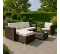 Totò Piccinni Set CARLOS in Polyrattan con cuscini Divano 3 Posti + Poltrona + Pouf + Tavolino con Piano in Vetro (Marrone)