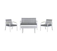 Totò Piccinni Set LEUCA salottino in alluminio e corda con braccioli in Polywood con cuscini e tavolino con piano in vetro (Bianco/Grigio)