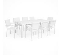 Totò Piccinni Tavolo SALINA Allungabile in alluminio rettangolare ideale per giardino con piano a doghe dal design moderno (Bianco, Set Tavolo 200/300 + 8 Poltrone)