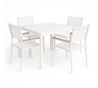 Totò Piccinni Tavolo VULCANO Allungabile in alluminio quadrato 90/180x90x75h ideale per giardino con piano a doghe dal design moderno (Bianco, Set Tavolo 90/180 + 4 Poltrone Effetto Legno)