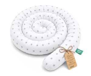 Totsy Baby Cuscino XXL a Forma di Serpente per Letto, Cuscino da Allattamento, Cuscino Decorativo, Protezione per Il Bordo del Letto, paracolpi XL Stelle Grigie su Bianco 150 cm Certificato Oeko-Tex