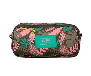 TOTTO - Astuccio per la scuola a due scomparti, modello Erezo, astuccio grande, dimensioni 9,5 x 20 x 7 cm, scomparto principale e tasca frontale con cerniera, stampa tropicale marrone