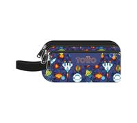 TOTTO - Astuccio scolastico a 3 scomparti, modello Agapec, astuccio grande, dimensioni 23 x 11,5 x 10,5 cm, maniglia laterale, maniglie ergonomiche in PVC, tessuto resistente, stampa Space Blue, Blu