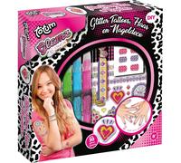 Totum Set creativo Glamz: tatuaggio glitter, set per capelli e unghie - 3 gessetti per capelli, fascia elastica Ibiza, 50 tatuaggi glitter, 48 adesivi per unghie