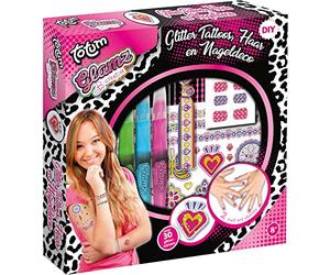 Totum Set creativo Glamz: tatuaggio glitter, set per capelli e unghie - 3 gessetti per capelli, fascia elastica Ibiza, 50 tatuaggi glitter, 48 adesivi per unghie