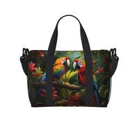 Toucans Borsa a tracolla con stampa di foglie di pappagallo, palma, borsa da viaggio con cerniera, borsa casual per gite nel fine settimana e shopping in palestra, Nero , Taglia unica, Borsa da