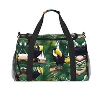 Toucans, borsone da viaggio con stampa di foglie di pappagallo, palma, weekender, per la notte, da viaggio, da donna, da uomo e da palestra, Nero , Taglia unica