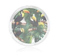 Toucans Posacenere rotondo in vetro trasparente con stampa di foglie di palma e pappagallo, accessorio per casa, ufficio, pati, decorazione per la casa
