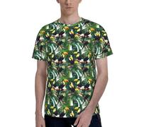 Toucans - T-shirt da uomo a maniche corte con stampa di foglie di pappagallo e palma, girocollo, elegante, casual, estiva, varie occasioni da indossare, Nero , S
