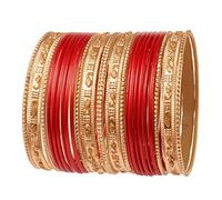 Touchstone Indian Bollywood Colorful 2 Dozen Bangle Collection Golden Glitters Textured Red Color Large Size Designer Jewelry Special Bangle Bracelets Set of 24 in Gold Tone for Women.