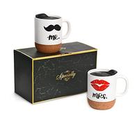 Tougo Mr and Mrs Tazze di Ceramica con Base in Sughero e coperchio, Regalo Coppie Unico per Sposa e Sposo, Regali Di Fidanzamento, Anniversario, Natale, Valentino,380 ML