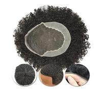 Toupee For Capelli Ricci Afro For Uomo Swiss Lace & PU Skin Base Sistema Di Unità 4-25mm Natural Black Indian Human Hair Da(12MM-COLOR 1B-130 DENSITY,7x9)
