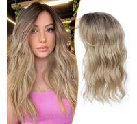 Toupet per capelli da donna, 16,5x16,5 cm Base grande, toupet per capelli ondulati per capelli sottili, linea naturale dei capelli con frange finte in capelli sintetici per donne (Ombre biondo con