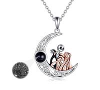 TOUPOP Collana da incubo in argento Sterling con cristalli Jack e Sally, regalo di Natale, 1.13*0.80 inches, Argento sterling, Cristallo