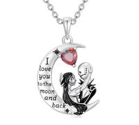 TOUPOP Collana Nightmare Before Christmas, "I Love You to the Moon and Back", ciondolo Jack e Sally, ciondolo a forma di luna crescente in argento, regalo per San Valentino, Misura unica, Argento
