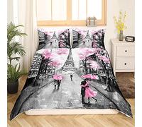 Tour Eiffel - Parure da letto 220 x 240 cm, romantica, motivo Parigi, stampa con copripiumino e scritta "Cityscape", 3 pezzi, colore: rosa e grigio