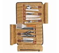 Tourbn Tourbon - Borsa arrotolabile per coltelli da chef, 12 scomparti, in tela cerata e pelle, portatile, organizer per utensili da cucina, Marrone, 65*39.5cm (unfold), Organizer per borse
