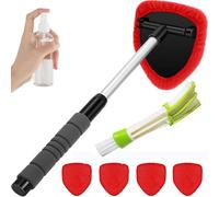 Tourgoing Car Windshield Cleaning Tool, Microfiber Car Windshield Cleaning Tool with Extendable Handle and 4 Reusable Pads, Interior Car Window Cleaning Tool for Cars Trucks SUVs RVs Home Use (Red)