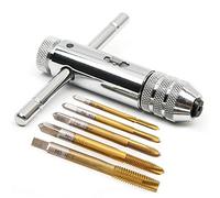 Tourne-à-gauche à Cliquet en T,Réglable Clé à Taraud en Forme de T HSS Support de Robinet à Cliquet T Bar Manipuler Clé avec 5 Tailles Tarauds à Main M3-M8 3mm-8mm