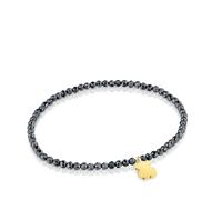 TOUS Bracciale elastico da donna con palline rotonde sfaccettate in ematite grigia e motivo orso con bagno in oro 18 kt su argento, lunghezza 17 cm, collezione motivi