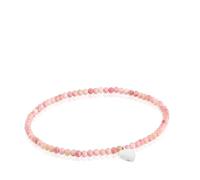 TOUS Bracciale elastico da donna con palline rotonde sfaccettate in opale rosa trattato e motivo cuore in argento sterling 17 cm di lunghezza, collezione motivi