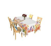 Tovaglia A Rettangolare Lavender Spring Flowers Rabbit Bunny Happy Easter Tovaglia Impermeabile Stampato Copritavolo, per Fidanzamento, Natale, Cucina, 137x183cm