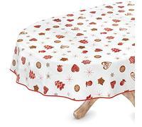 Tovaglia cerata, lavabile, natalizia, ovale, 140 x 220 cm, con orlo (orlata)