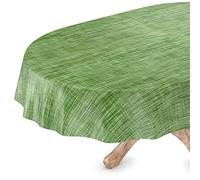 Tovaglia cerata, lavabile, ovale, 140 x 240 cm, con bordo tagliente, effetto lino, verde