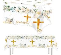 Tovaglia Comunione 3 Pezzi 130x220 cm - Decorazione per Tavola Battesimo con Croce Dorata e Fiori Verdi - Elegante per Feste di Prima Comunione, Matrimonio e Celebrazioni