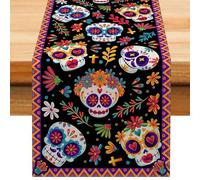 Tovaglia con scheletro messicano, runner da tavola decorativo con teschio di zucchero, tovaglia rustica in lino messicano, forniture per feste a tema messicano, decorazioni per altare del giorno dei