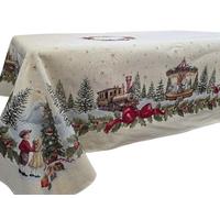 Tovaglia, Copritavolo Natalizio in Gobelin, Motivo Giostrina con Cavallo, Carosello, Soldatino, Albero di Natale, Fiocco Rosso, Regali, Lurex, dimensione 140x180cm, 140x240cm, 140x300cm (140x300cm)