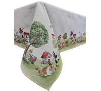 Tovaglia, Copritavolo Pasquale, Conigli, Mulino, Case, Fiori, Prato fiorito, Uova di pasqua, Uova colorate, in Gobelin, dimensioni 140x180cm, 140x240cm (140x180cm)