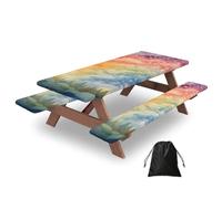 Tovaglia da picnic con coperture per panche, 182,9 cm, arcobaleno, stelle, alberi nella foresta, impermeabile, antivento, con bordi elastici, per campeggio e patio