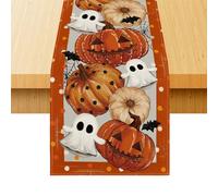 Tovaglia di Halloween 33 x 183 cm, Decorazione da Tavola per Feste, 6-8 Persone, Materiale Cotone/Lino, Design con Fantasmi, Ragnatele e Zucche, Facile da Pulire