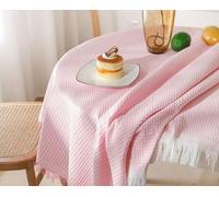 Tovaglia in cotone e lino, 90 x 150 cm, antimacchia, motivo a maglia, con pompon, lavabile, rettangolare, decorazione per la casa